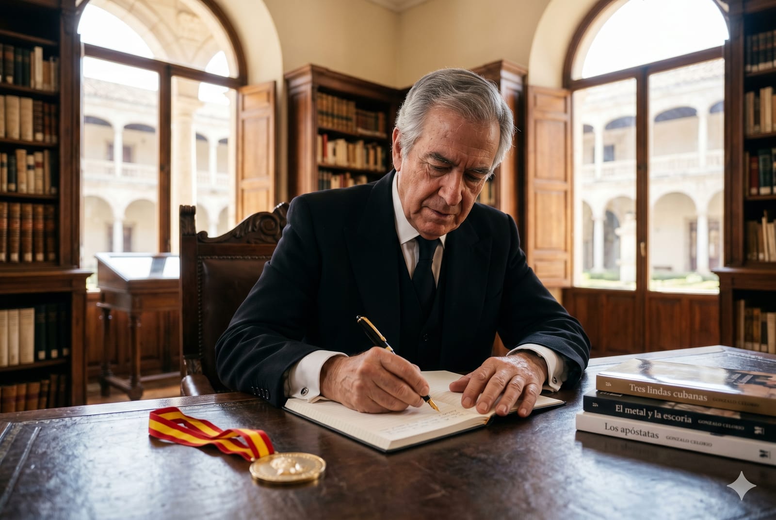 Escritor Gonzalo Celorio con chaqué de etiqueta sosteniendo un lapicero sobre cuadernos pautados en una biblioteca antigua con luz natural difusa.