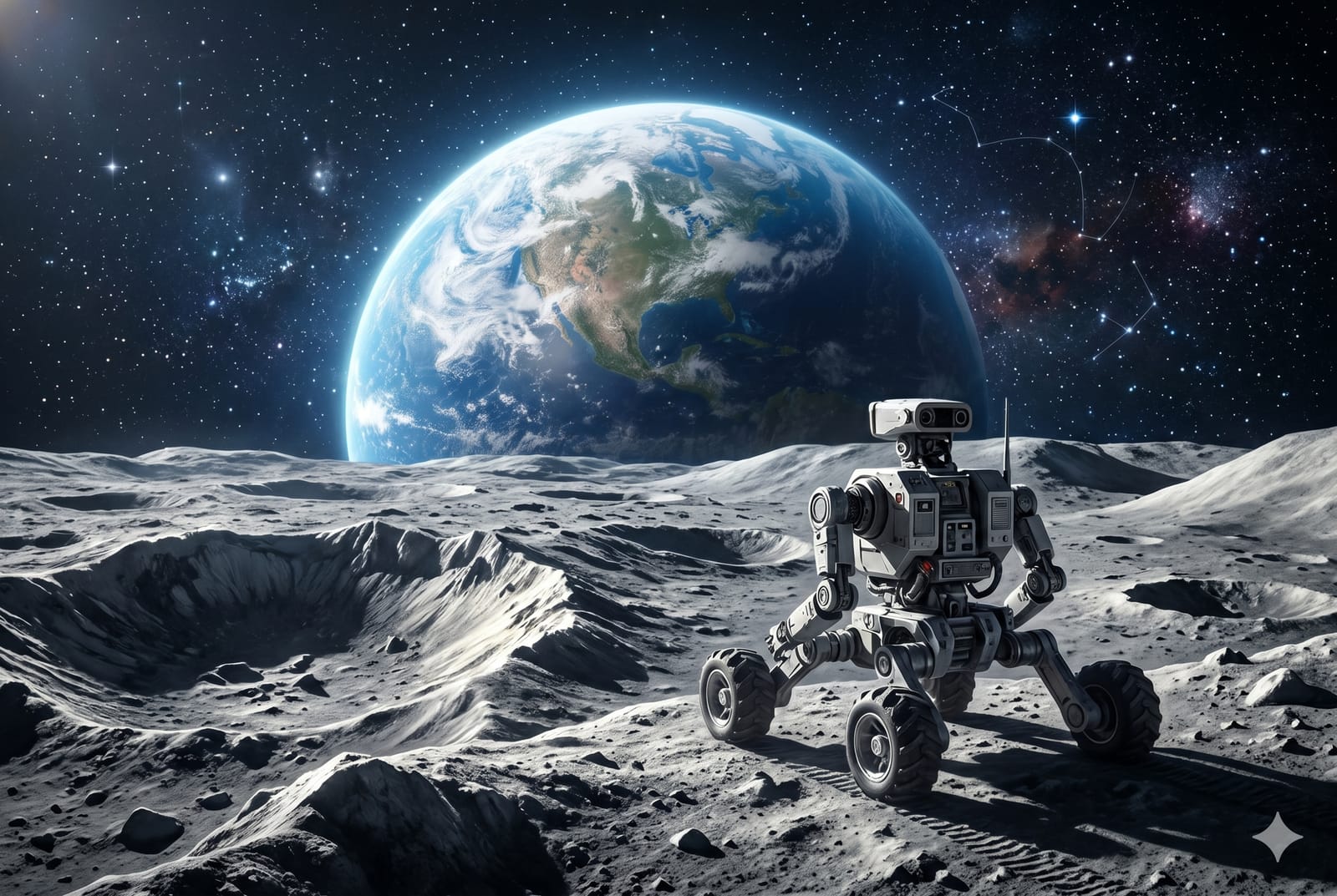 Ilustración artística que contrasta la exploración lunar tecnológica con la sensibilidad humana, mostrando un robot humanoide avanzado en el suelo lunar texturizado y, de fondo, la Tierra y constelaciones brillantes.