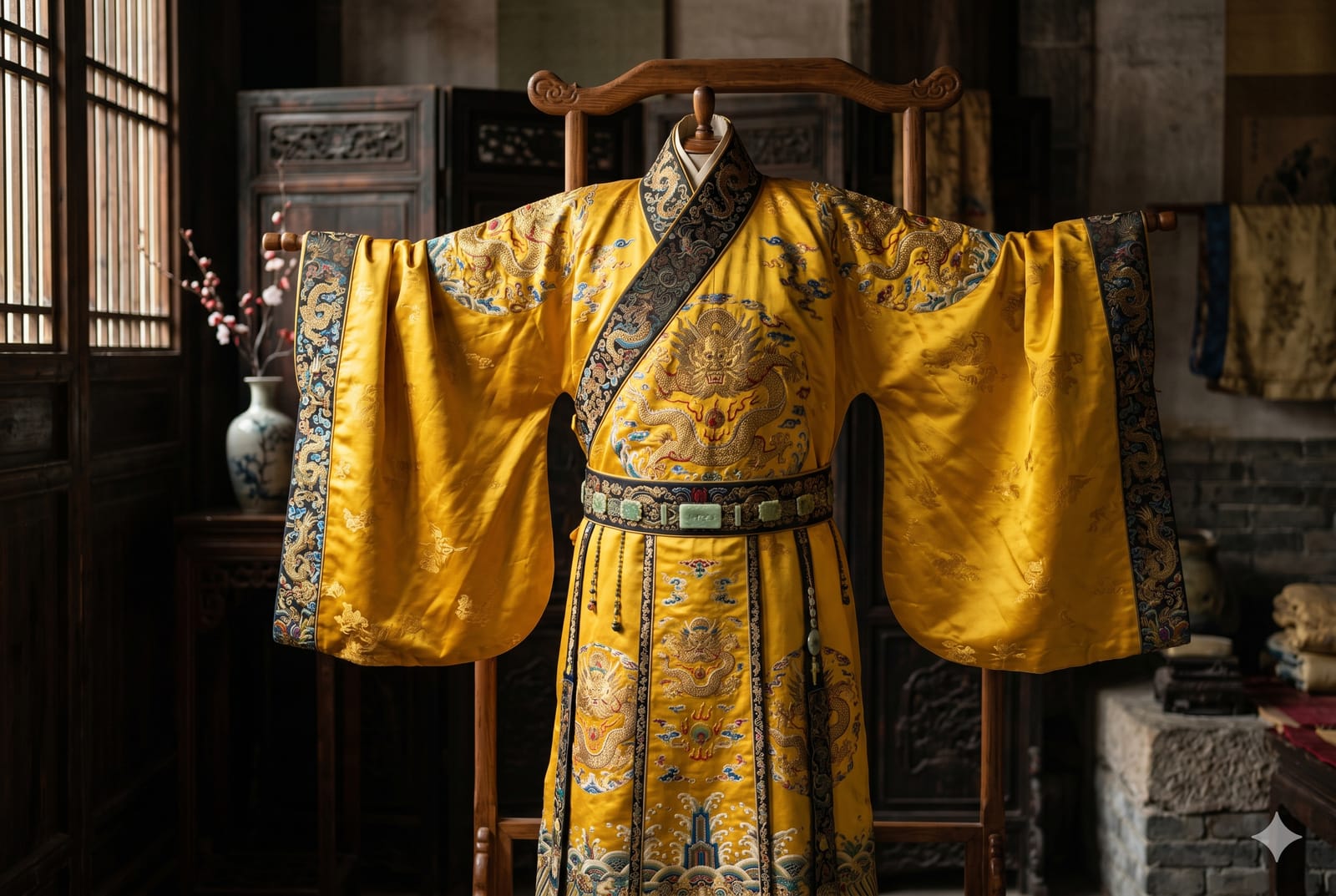 Túnica imperial tradicional china de seda color amarillo con bordados detallados y amplias mangas de la dinastía Han.