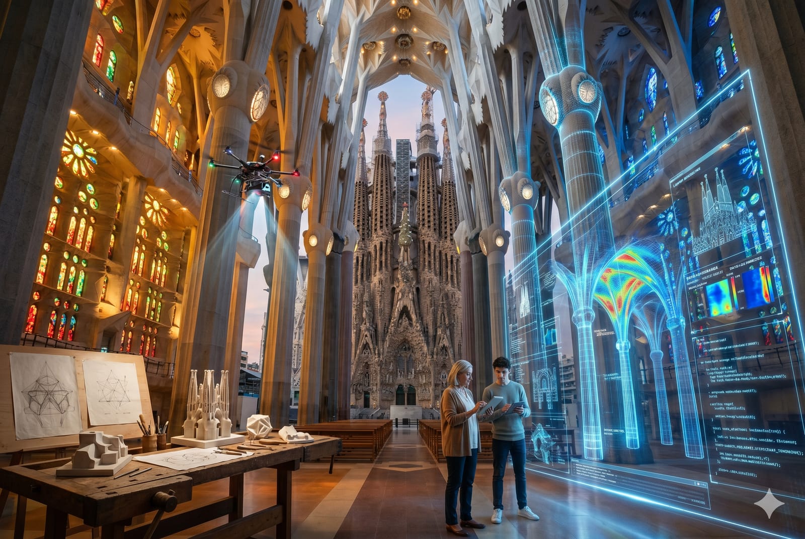 Representación artística de la basílica de la Sagrada Familia integrada con líneas de datos digitales y escáneres tridimensionales de Inteligencia Artificial.