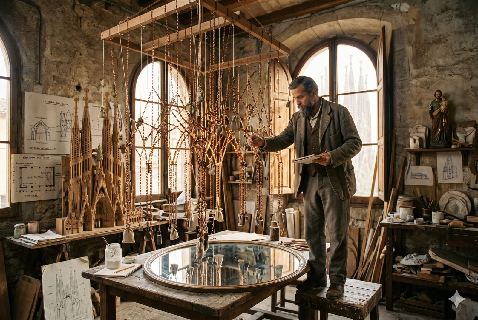 Maqueta tridimensional de Gaudí con cuerdas y sacos de arena reflejada en espejos con luz mística de atardecer, representando el misticismo en la arquitectura de Gaudí.
