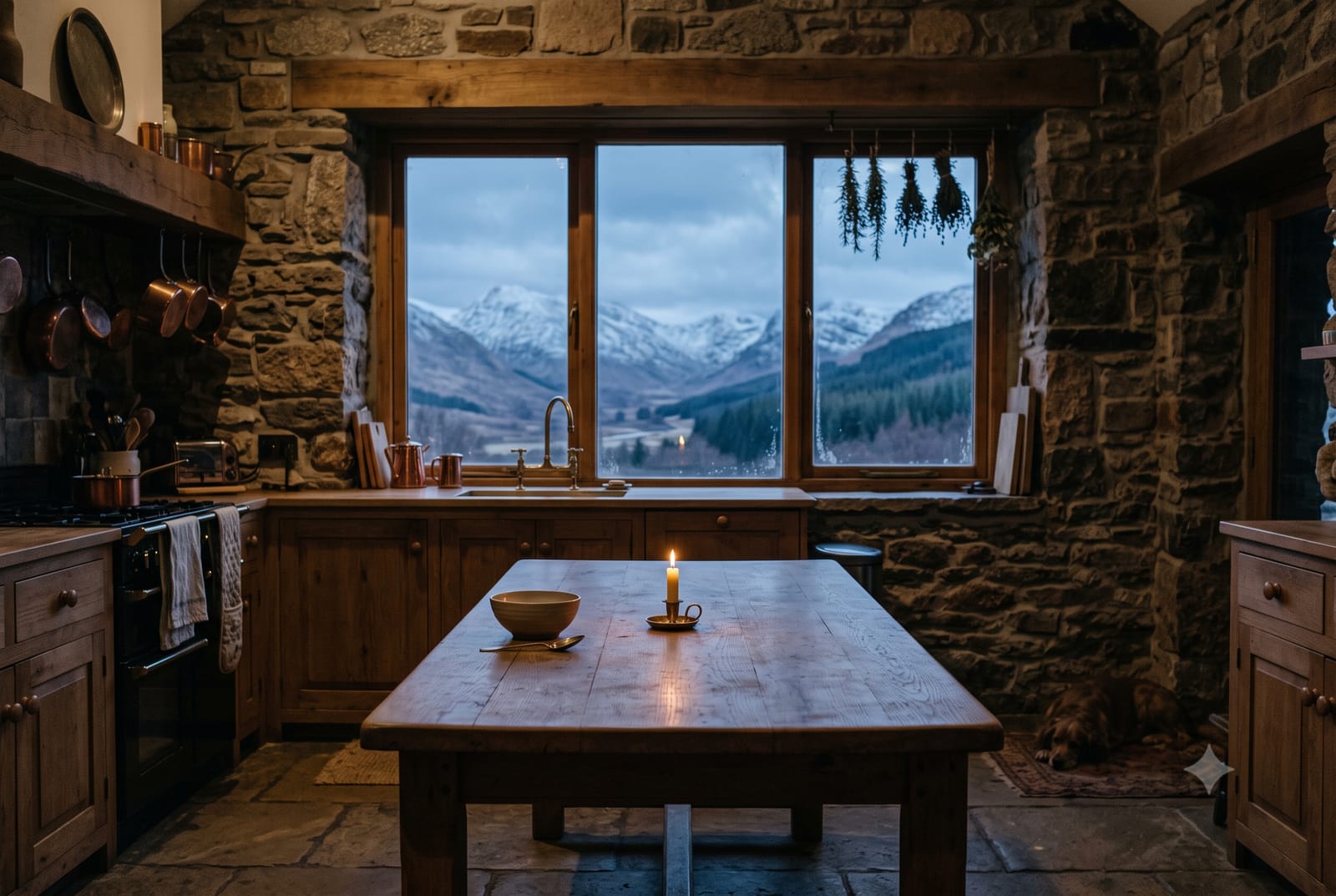 Cocina rústica con paredes de piedra al atardecer donde una mujer mayor observa una ventana con montes nevados difusos, transmitiendo soledad y tecnología invisible.