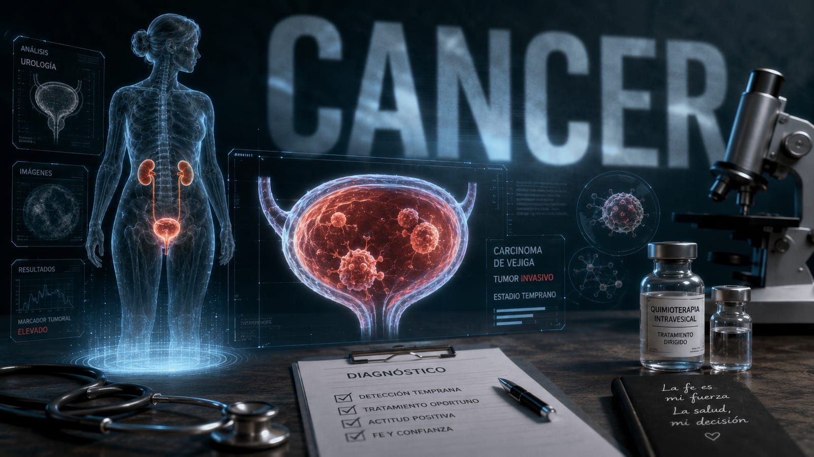 Ilustración médica cinematográfica del cáncer de vejiga con hologramas anatómicos, elementos de diagnóstico y tratamiento oncológico.