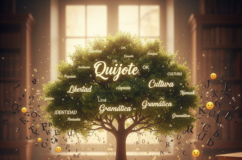 Libro abierto con páginas que se transforman en un árbol cuyas raíces son palabras en español, simbolizando el enriquecimiento y el cuidado del idioma frente a la corrupción lingüística.