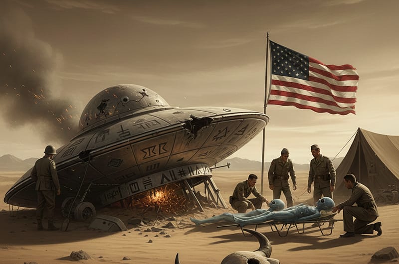 Representación artística de una nave extraterrestre siniestrada en Roswell y dos siluetas de alienígenas siendo examinadas, con el fondo del desierto de Nuevo México, haciendo alusión a la investigación de J.J. Benítez sobre el avance tecnológico.