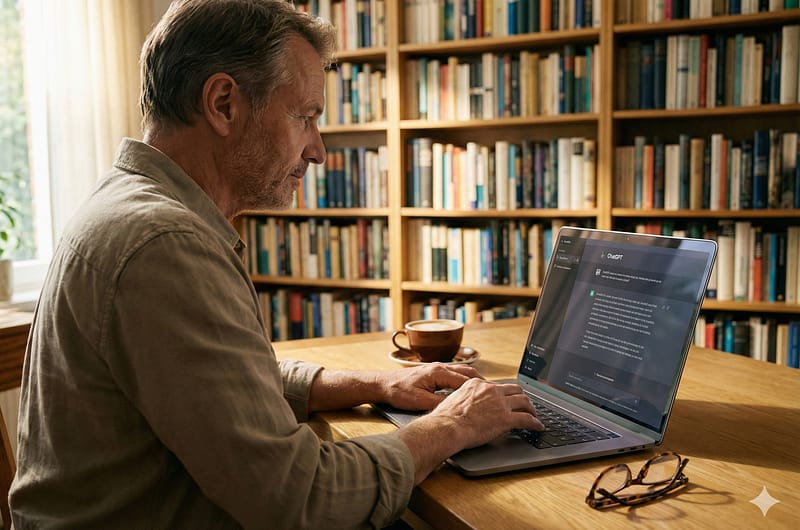 Manos de una persona escribiendo en una computadora portátil con una interfaz de chat de inteligencia artificial en la pantalla, en un ambiente de estudio cálido.