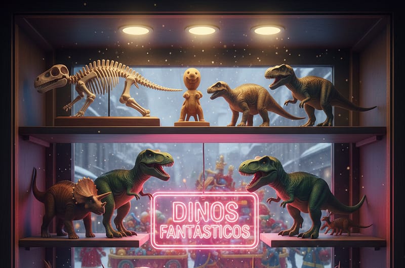 Vitrina de madera con figuras de dinosaurios y prehistoria, juguetes diversos y esqueletos fósiles con un fondo navideño de fondo.