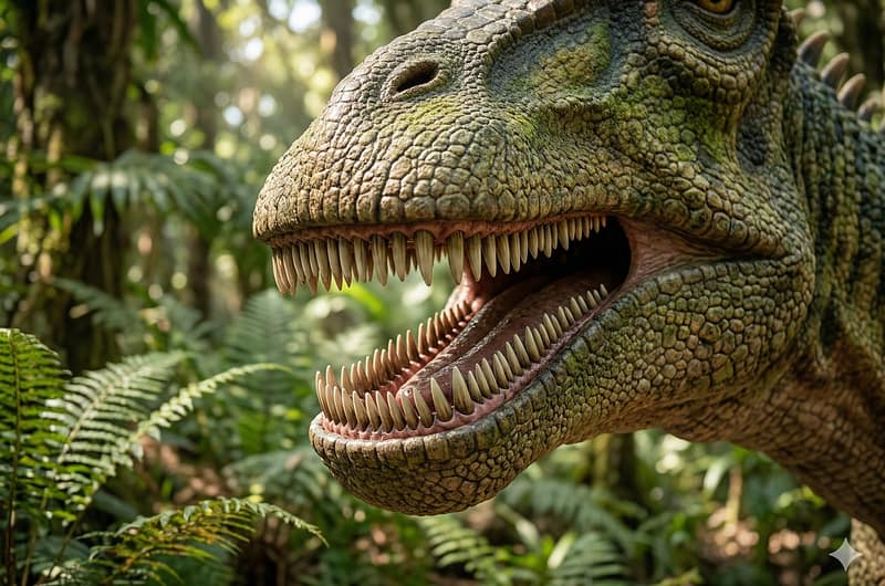 Ilustración artística detallada de un primer plano de la mandíbula abierta de un Nigersaurus, mostrando sus baterías dentales con cientos de dientes pequeños y alineados, en un entorno selvático prehistórico.