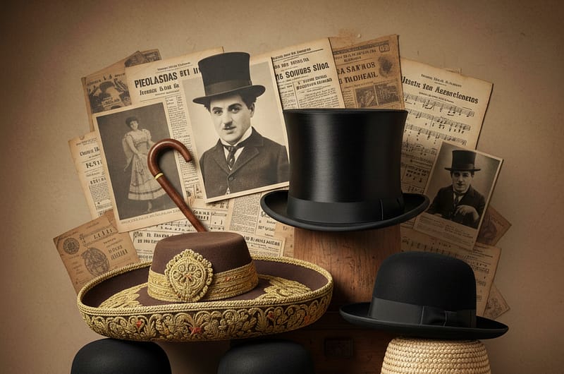 Bodegón artístico de sombreros históricos que incluye una chistera negra, un bombín, un sombrero porkpie y un sombrero de charro sobre una mesa de madera antigua.