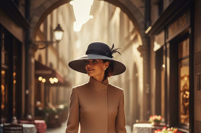 Mujer elegante con un sombrero de ala ancha estilo vintage en una calle europea, evocando la sofisticación de Agatha Christie y Coco Chanel.