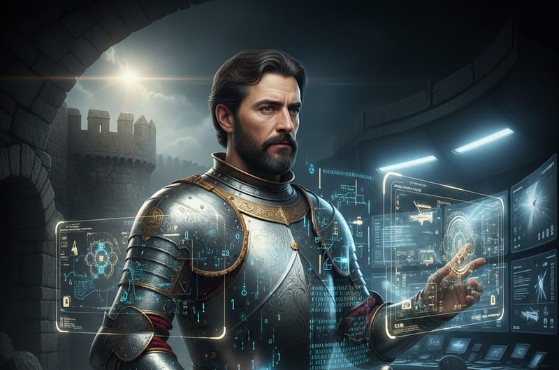 Retrato artístico de Gonzalo Fernández de Córdoba fusionado con circuitos digitales y hologramas de datos militares modernos.