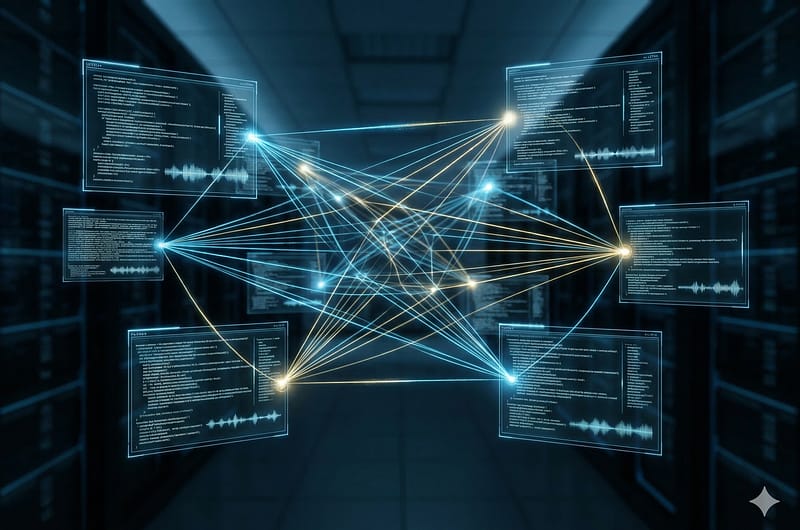 Representación artística de múltiples flujos de datos y nodos de luz interconectados en una red neuronal digital, simbolizando inteligencias artificiales conversando en una red social propia.