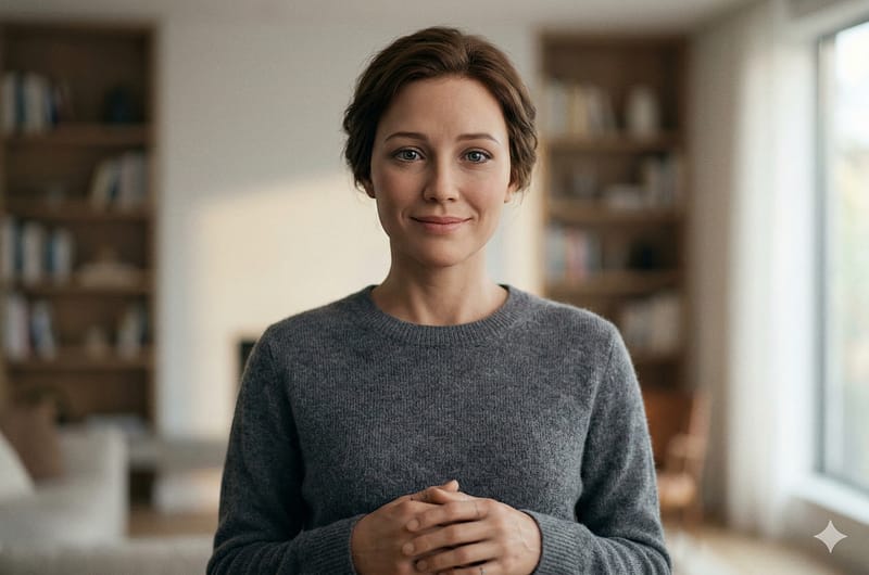 Primer plano fotorrealista del rostro de Moya, un robot humanoide con rasgos femeninos y expresión cálida, manteniendo contacto visual.