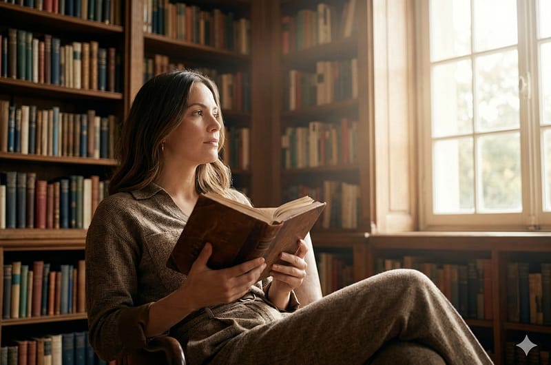 Una mujer joven del siglo XXI sentada en una biblioteca clásica, sosteniendo un libro abierto mientras la luz del sol entra por un ventanal, simbolizando la libertad a través del saber.