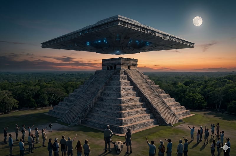 Fotografía cinematográfica de una gran nave espacial triangular sobre la pirámide de Chichén Itzá, México, con figuras humanas asombradas en primer plano y un cráneo de bisonte antiguo en la tierra, bajo un cielo crepuscular con luna llena. Un avistamiento de ovnis y extraterrestres.