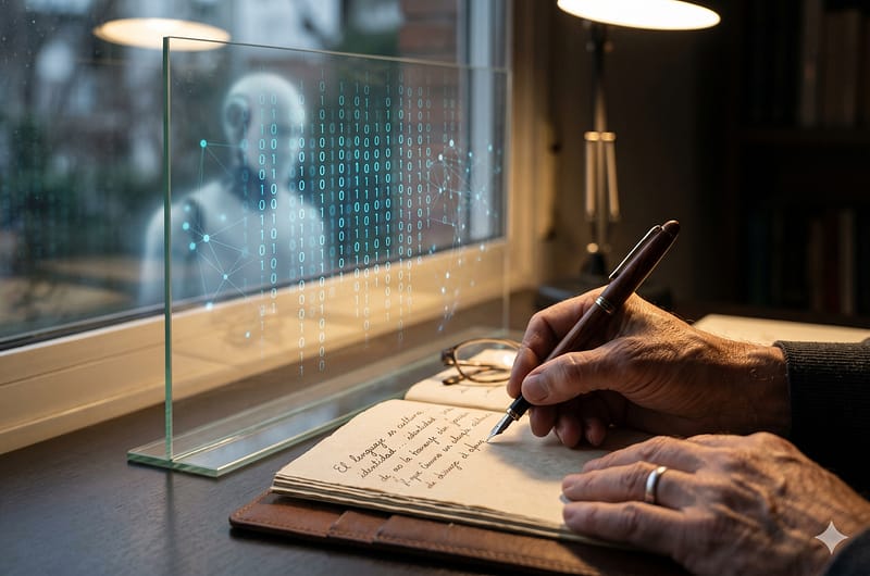 Un primer plano de una mano humana escribiendo con pluma estilográfica sobre papel, frente a un panel de cristal transparente donde brillan líneas de código binario azul, ilustrando el contraste entre el lenguaje humano vs inteligencia artificial.