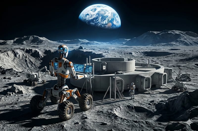 Robot humanoide chino sobre cuatro ruedas construyendo una base lunar en el siglo XXI, con la Tierra al fondo reflejando luz solar sobre valles lunares de textura realista.