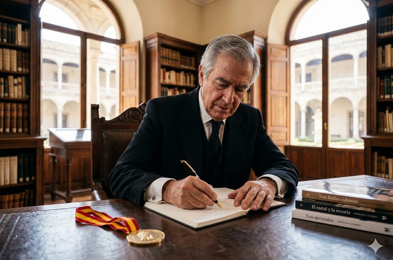 Escritor Gonzalo Celorio con chaqué de etiqueta sosteniendo un lapicero sobre cuadernos pautados en una biblioteca antigua con luz natural difusa.