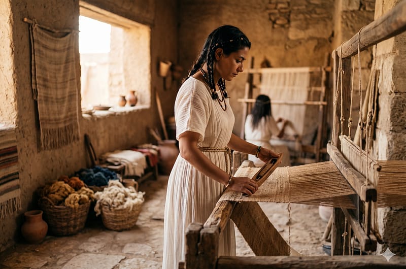 Pintura artística de una mujer en el antiguo Egipto vistiendo un kalasiris blanco semitransparente junto a telares ancestrales de lana.