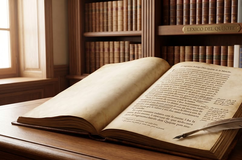 Un libro antiguo abierto sobre una mesa de madera con una pluma y tinta, ilustrando el léxico de 'El Quijote' para una entrada de blog.