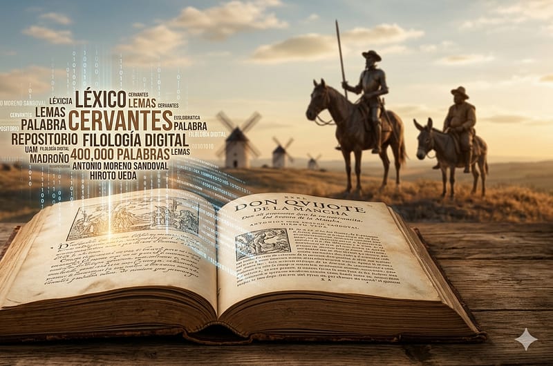 Representación artística de un libro antiguo del Quijote rodeado de datos digitales y códigos de filología computacional