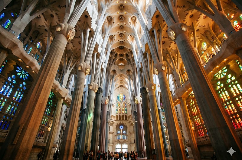 Interior de la Sagrada Familia con columnas de piedra que simulan árboles y luz natural filtrada por vitrales, reflejando la arquitectura de Antoni Gaudí.
