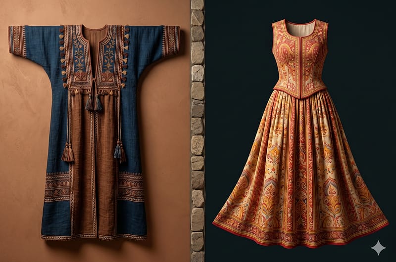 Representación artística de vestimenta histórica, túnicas y mantos de la antigua Mesopotamia y civilización minoica.