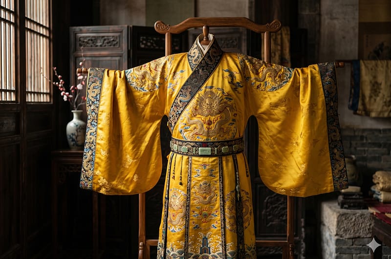 Túnica imperial tradicional china de seda color amarillo con bordados detallados y amplias mangas de la dinastía Han.