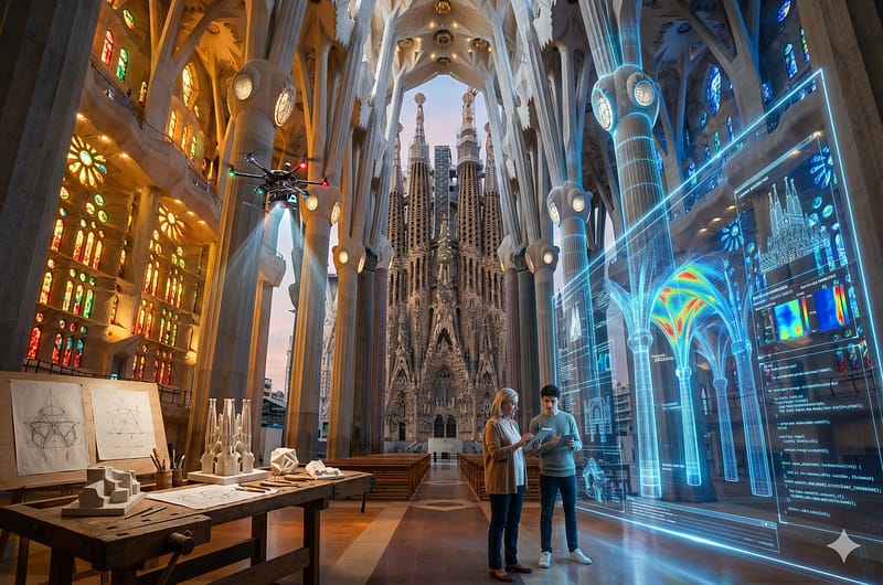 Representación artística de la basílica de la Sagrada Familia integrada con líneas de datos digitales y escáneres tridimensionales de Inteligencia Artificial.
