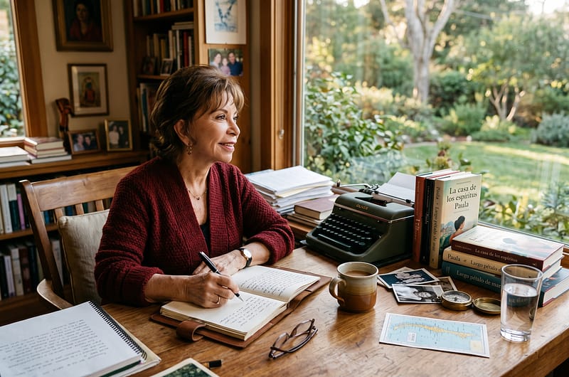 Escritorio de madera iluminado por luz natural con una máquina de escribir clásica, manuscritos, un mapa antiguo de América Latina y un diario abierto que evoca la narrativa de la memoria de Isabel Allende.