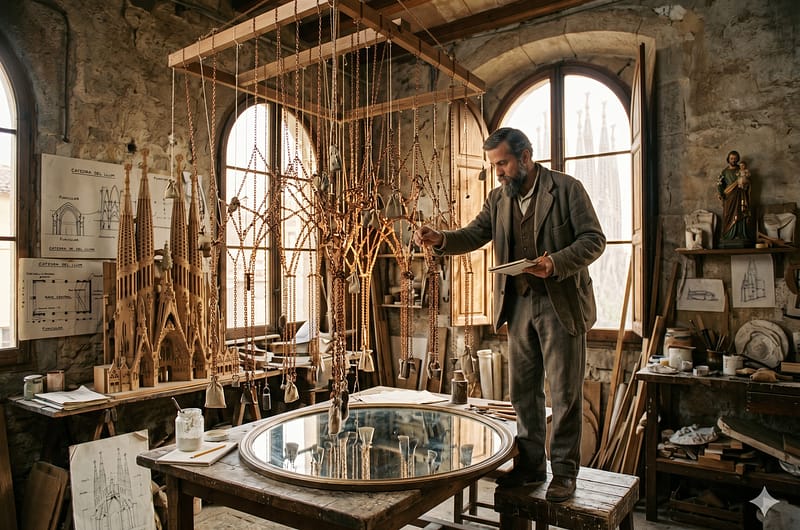 Maqueta tridimensional de Gaudí con cuerdas y sacos de arena reflejada en espejos con luz mística de atardecer, representando el misticismo en la arquitectura de Gaudí.