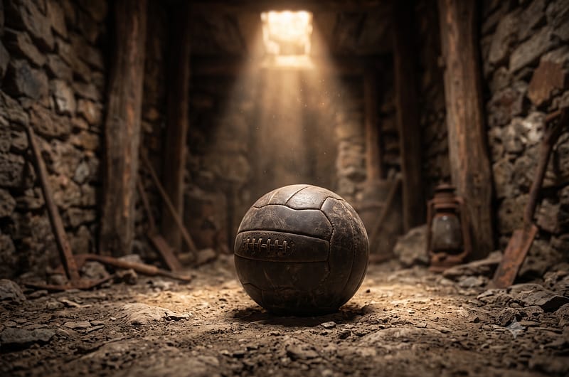 Primer plano fotorrealista de un balón de fútbol de cuero clásico sobre la tierra de una mina antigua, con luz dramática de atardecer.