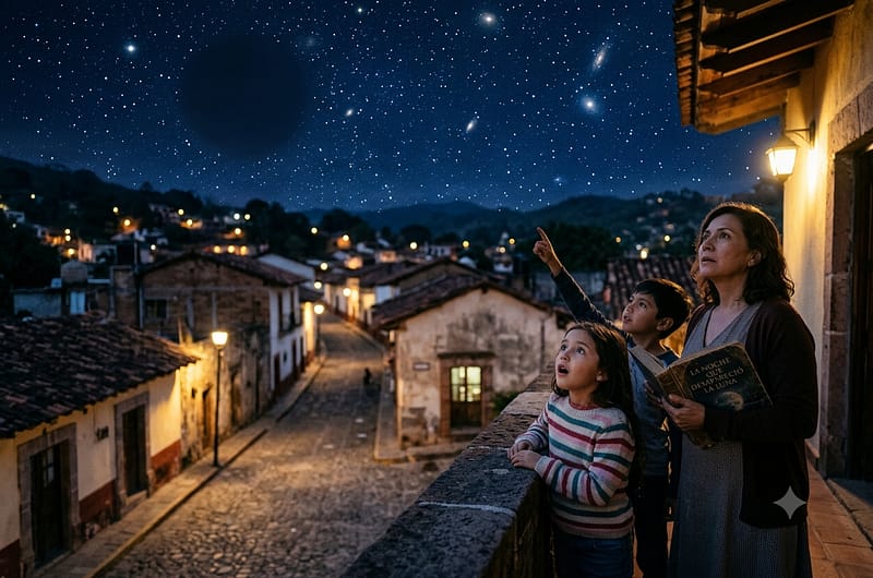 Ilustración fantástica de la noche que desapareció la Luna con un cielo estrellado sobre una ciudad serena.