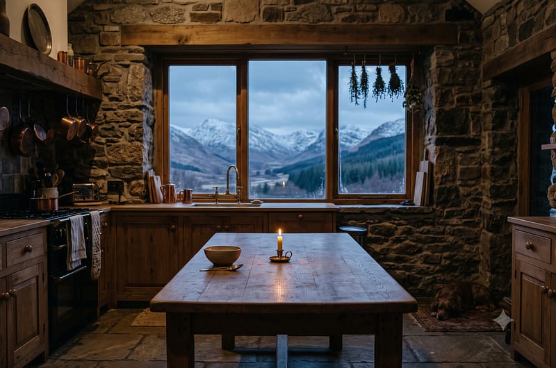 Cocina rústica con paredes de piedra al atardecer donde una mujer mayor observa una ventana con montes nevados difusos, transmitiendo soledad y tecnología invisible.