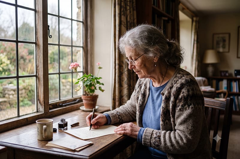 Retrato artístico de una mujer anciana escribiendo una carta manuscrita cerca de una ventana con luz natural tenue, estilo fotorrealista.