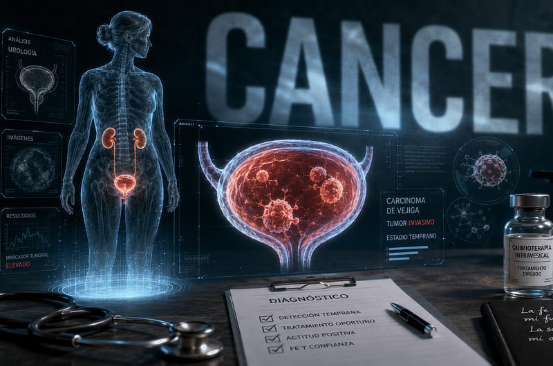 Ilustración médica cinematográfica del cáncer de vejiga con hologramas anatómicos, elementos de diagnóstico y tratamiento oncológico.