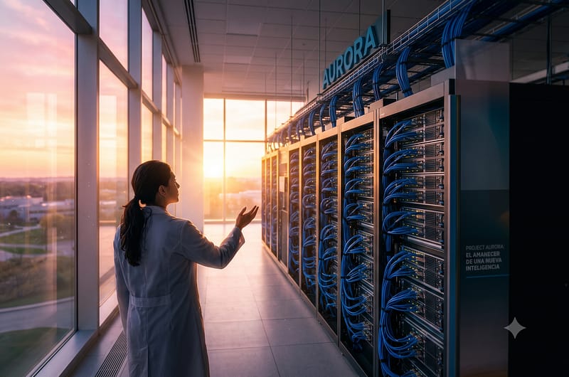 Ilustración artística del Proyecto Aurora Inteligencia Artificial representando el amanecer de la ciencia
